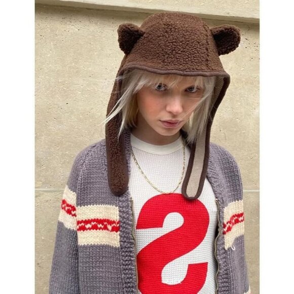 Unisex Brown Cute Little Bear Safety Helmet Polar Fleece Magnetic Buckle Y2K main image 4